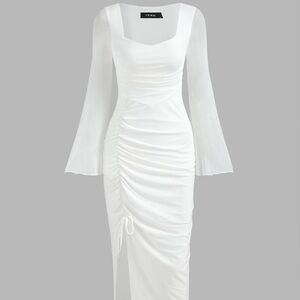 Cider White Ruched Sheath Dress with Bell Sleeves